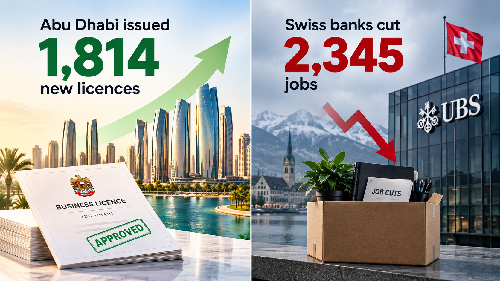 Abu Dhabi issued 1,814 new licences while Swiss banks cut 2,345 jobs
